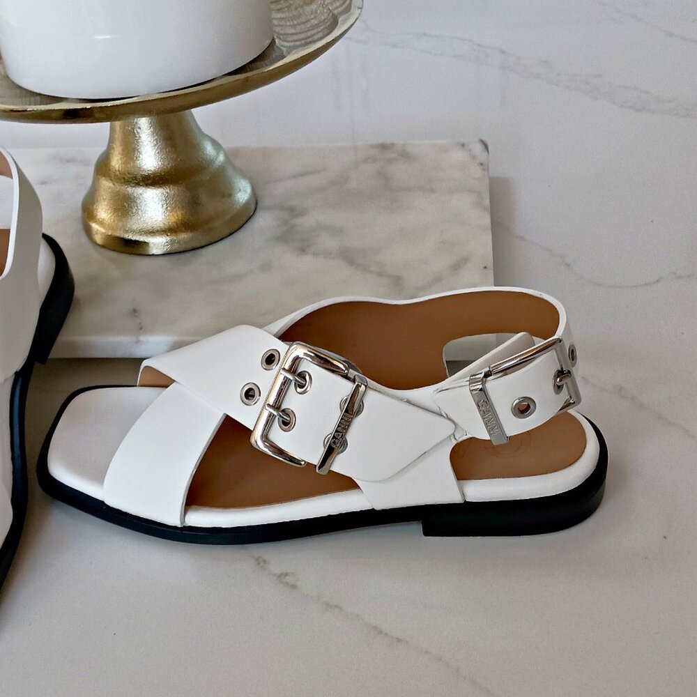 NEW! GANNI CROSS STRAP BUCKLE SANDALS EGRET WHITE - Picture 7 of 8